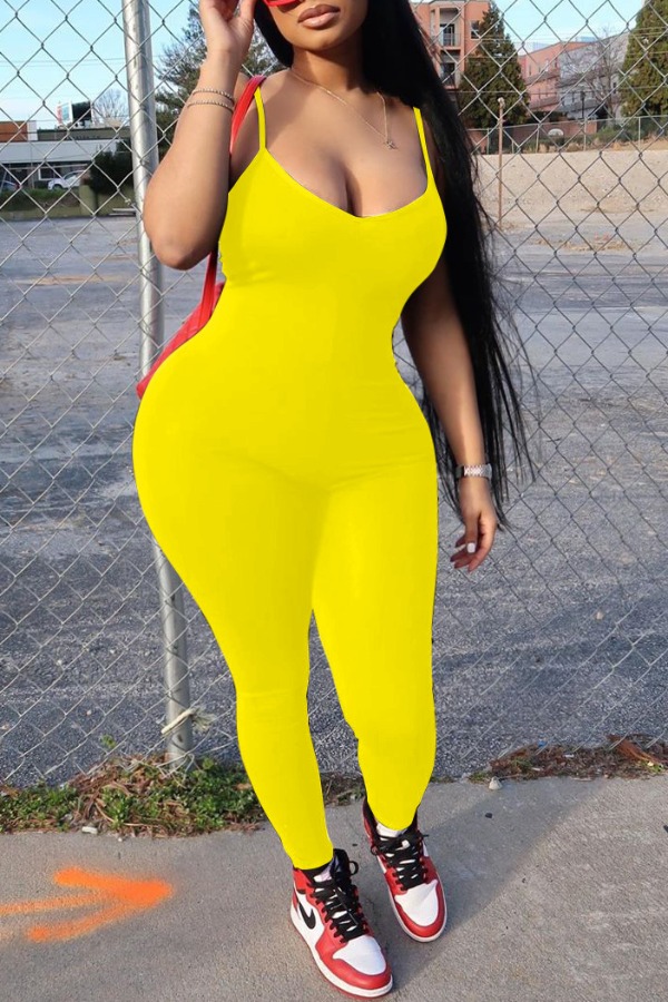 

LW BASICS Plus Size Sexy Skinny Yellow One-piece Jumpsuit