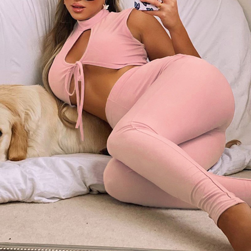 

lovely Trendy Hollow-out Pink Two-piece Pants Set