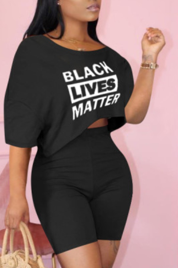 

lovely Casual Letter Print Black Two-piece Shorts Set