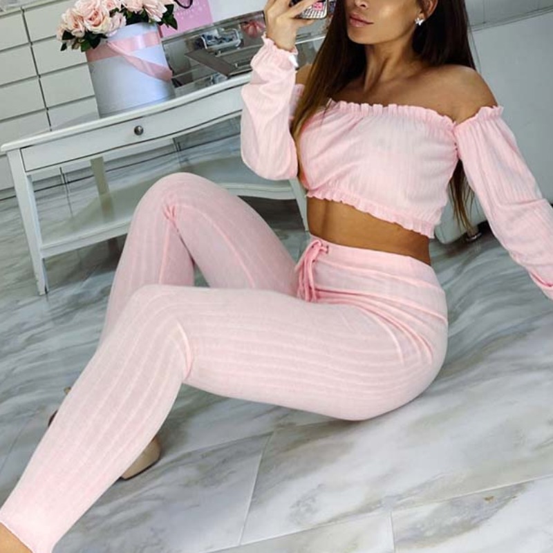 

lovely Sweet Lace-up Pink Two-piece Pants Set