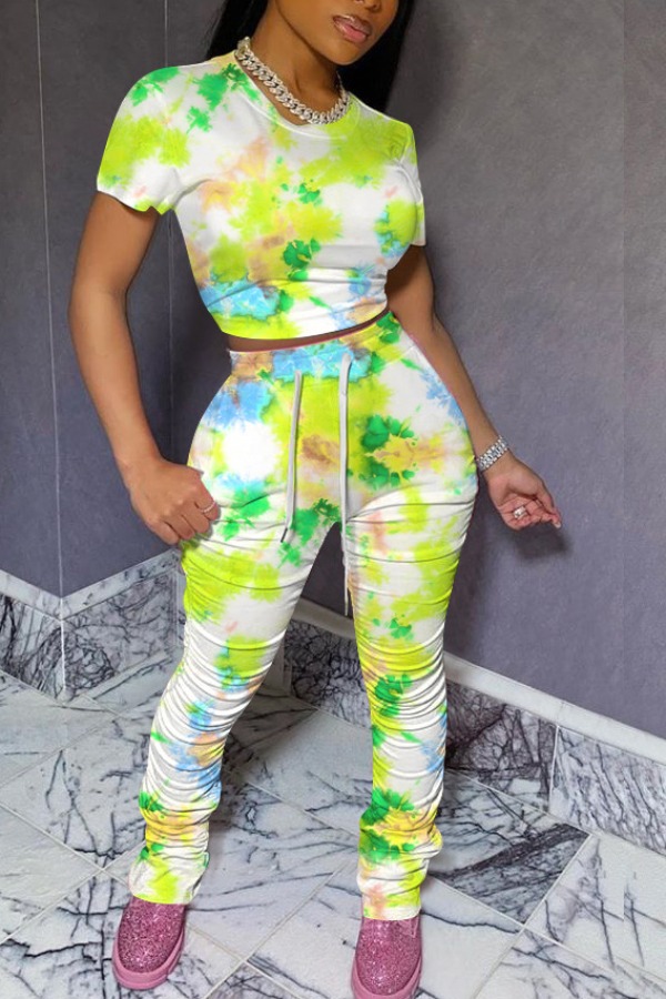 

lovely Casual Tie-dye Yellow Two-piece Pants Set