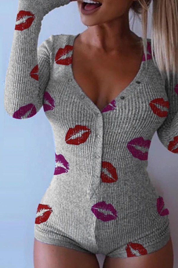 

Lovely Sportswear Lip Print Grey One-piece Romper