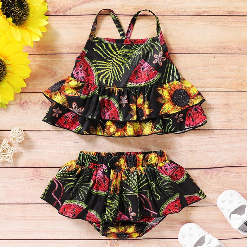 

lovely Bohemian Plants Print Black Girl Two-piece Shorts Set