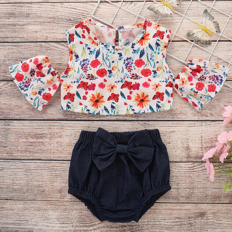 

lovely Bohemian Plants Print White Girl Two-piece Shorts Set