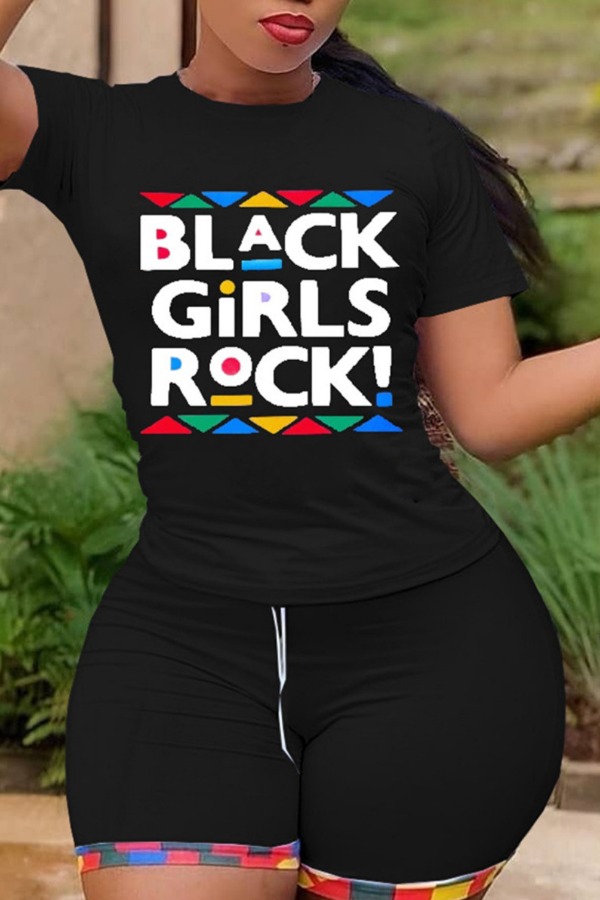 

Lovely Plus Size Leisure Letter Print Black Two-piece Shorts Set