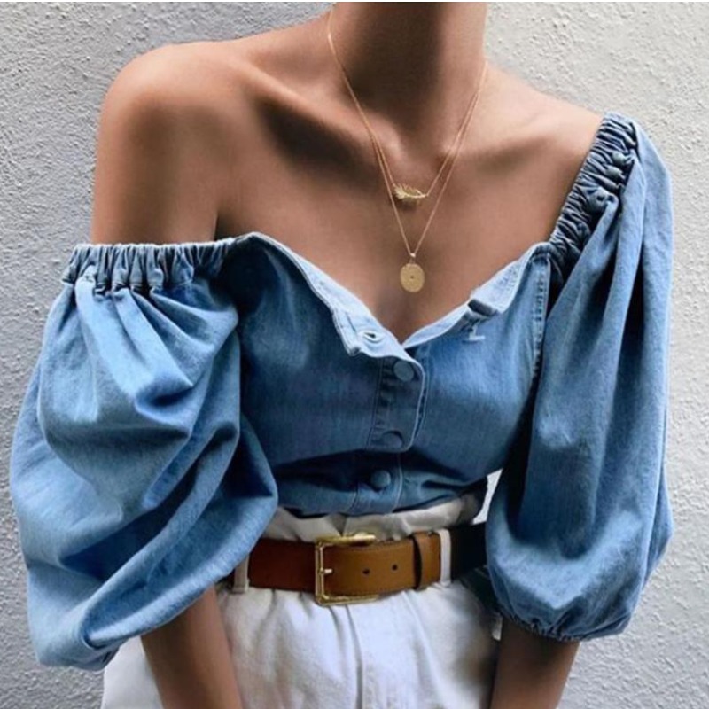 

lovely Trendy Buttons Design Blue Denim Blouse