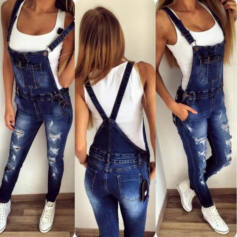 

Lovely Stylish Broken Holes Blue Denim One-piece Jumpsuit