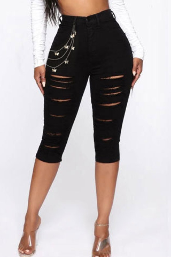 

lovely Trendy Hollow-out Black Denim Shorts