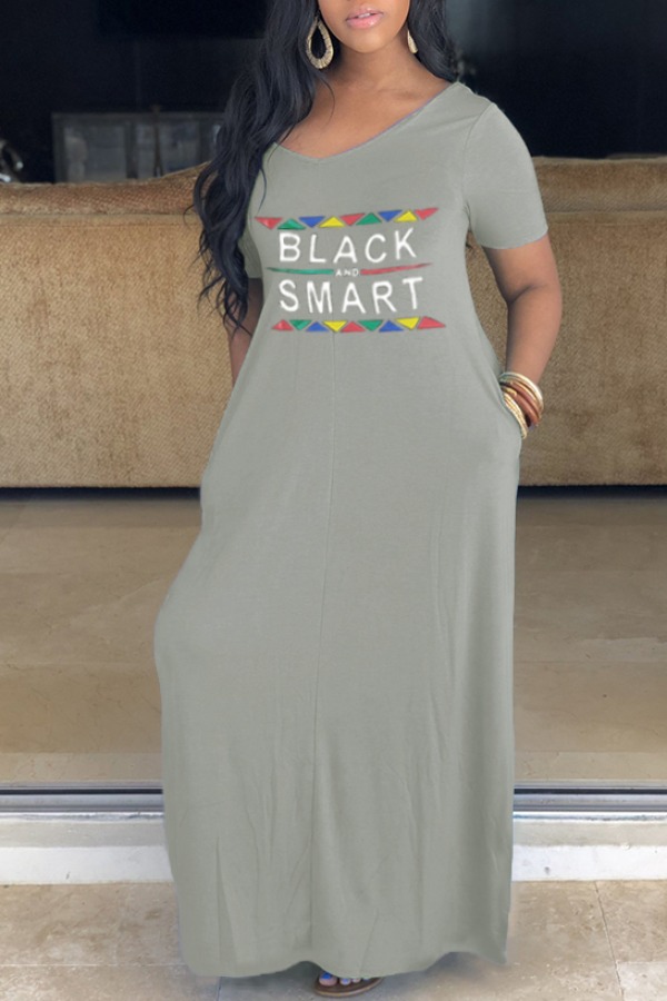 

Lovely Casual O Neck Letter Print Grey Ankle Length Plus Size Dress