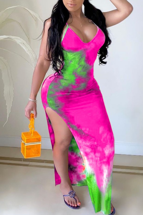 

Lovely Bohemian Tie-dye Side High Slit Rose Red Maxi Dress
