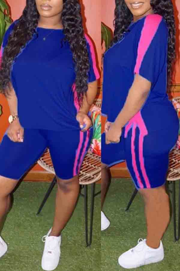 

Lovely Sportswear Patchwork Blue Two-piece Shorts Set
