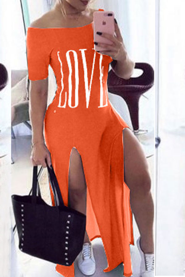 

lovely Casual Letter Side High Slit Croci Maxi Dress