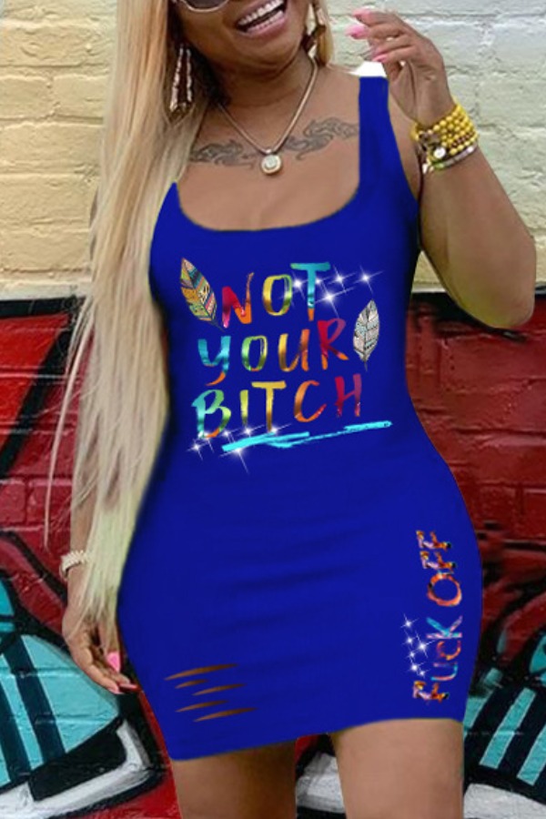 

lovely Leisure Letter Print Blue Mini Dress