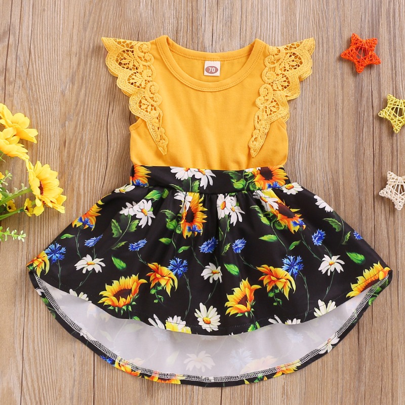 

lovely Trendy O Neck Print Yellow Girl Knee Length Dress