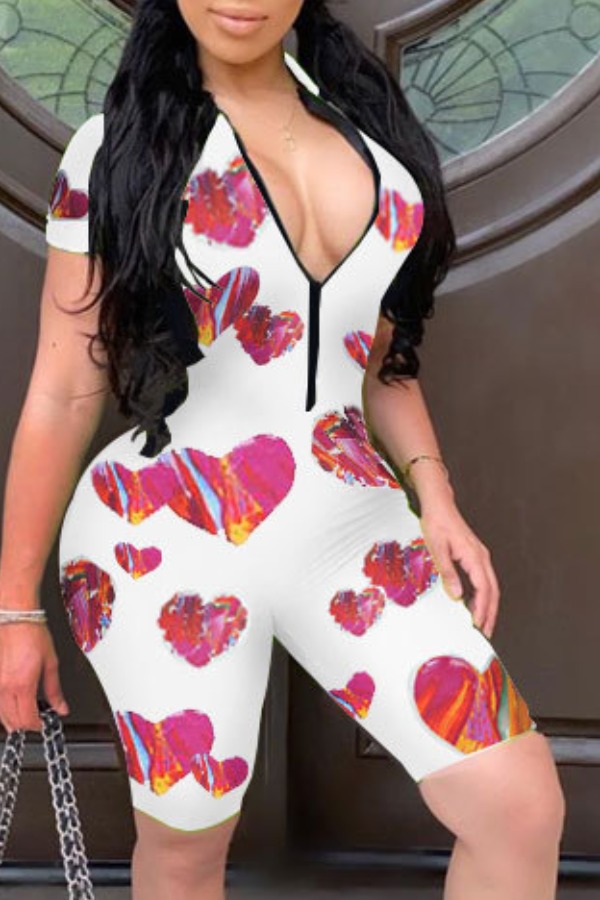 

lovely Trendy Print Zipper Design White One-piece Romper