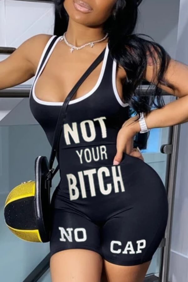 

Lovely Casual Letter Print Black One-piece Romper