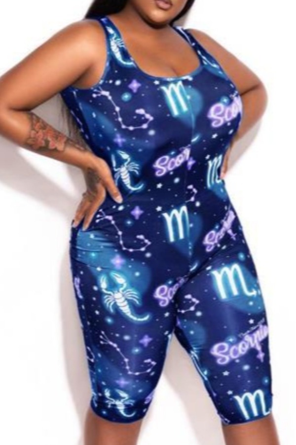 

lovely Trendy Print Blue Plus Size One-piece Romper