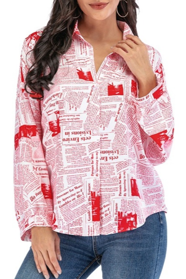 

lovely Stylish Turndown Collar Letter Print Red Blouse
