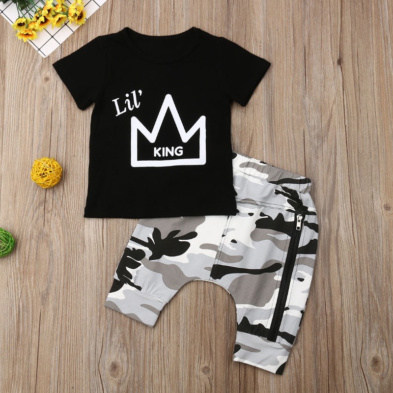 

lovely Street O Neck Print Black Boy Two-piece Shorts Set