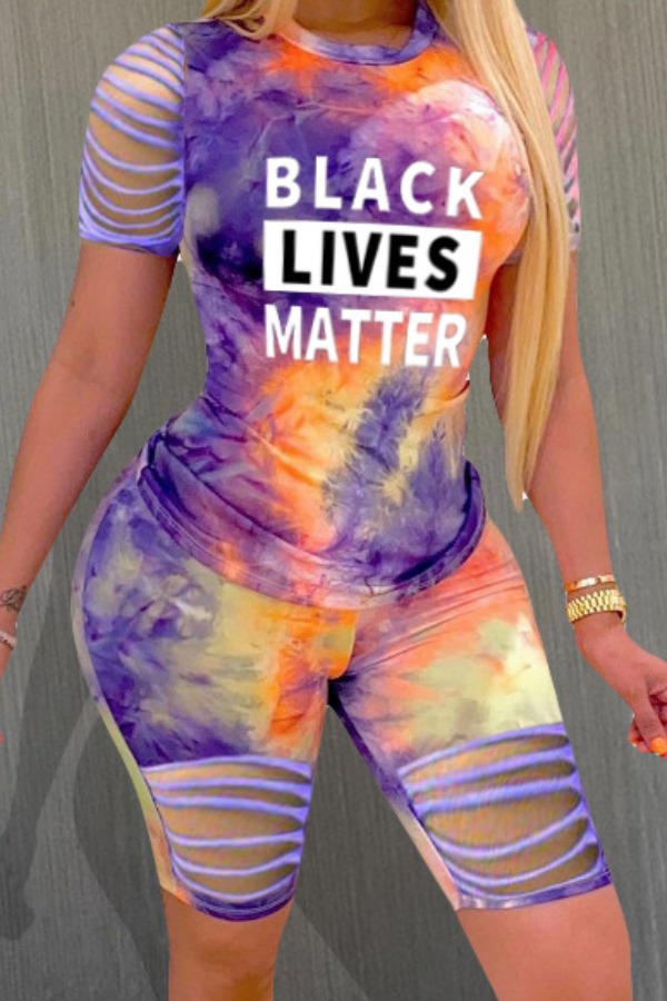 

lovely Casual O Neck Tie-dye Purple Two-piece Shorts Set