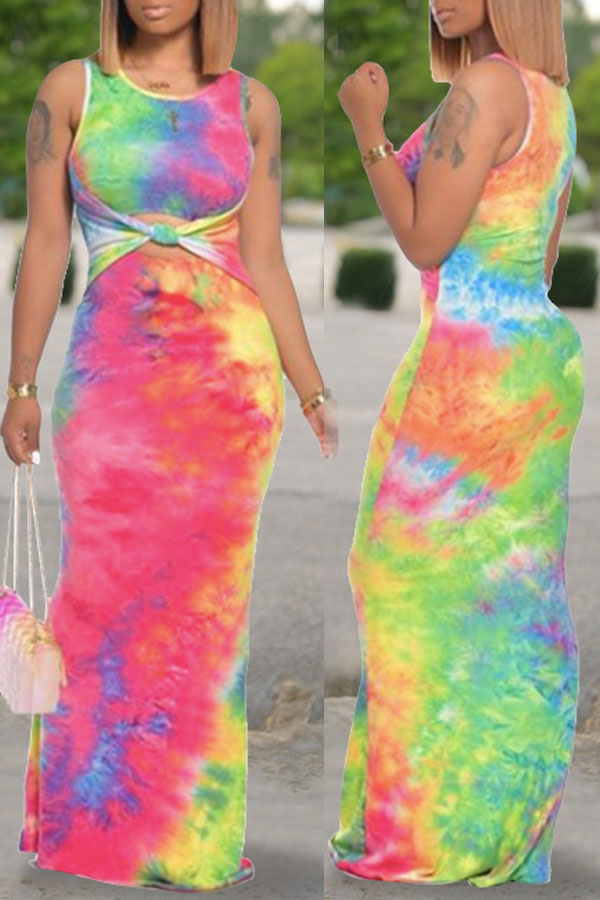 

lovely Street O Neck Tie-dye Multicolor Maxi Dress, Multi