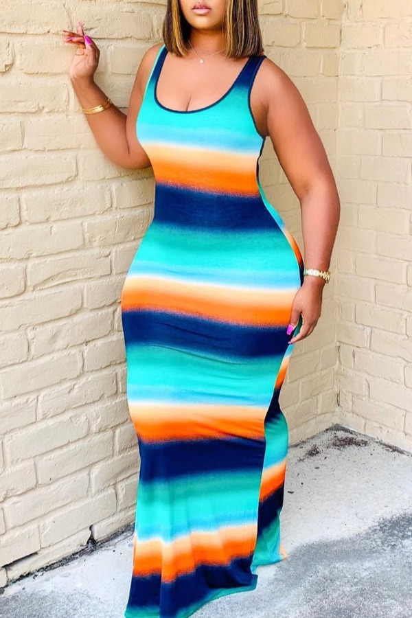 

Lovely Bohemian U Neck Striped Multicolor Maxi Dress, Multicolor mstn