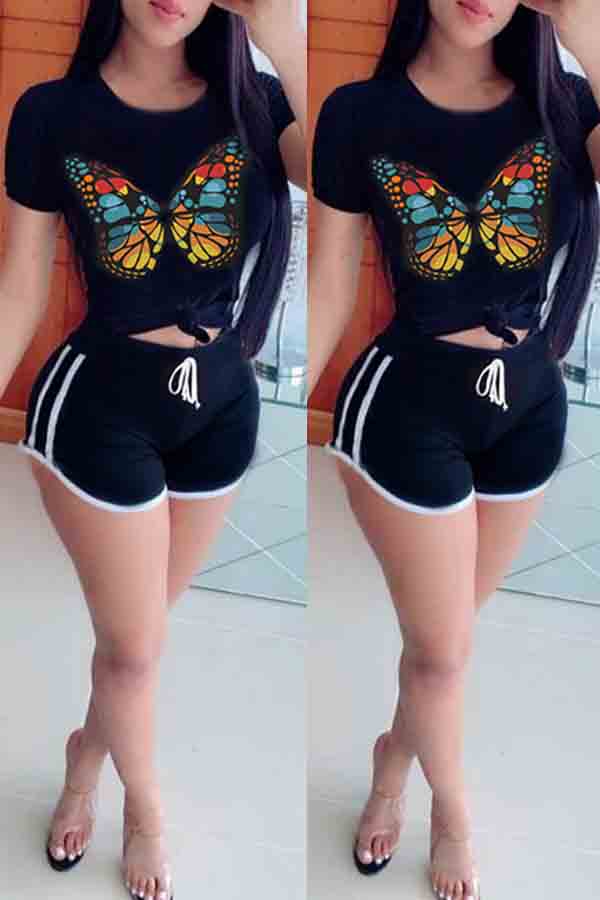 

lovely Sportswear O Neck Butterfly Print Black Two-piece Shorts Set