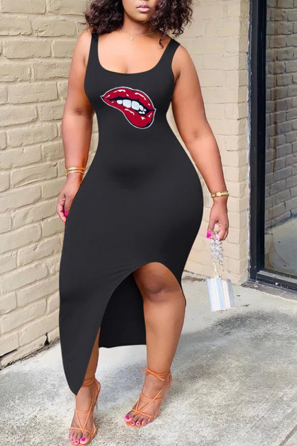

lovely Casual Lip Print Black Ankle Length Plus Size Dress