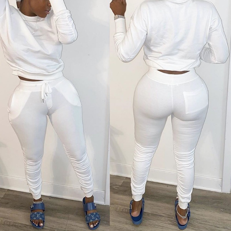 

lovely Casual O Neck Fold Design White Two-piece Pants Set