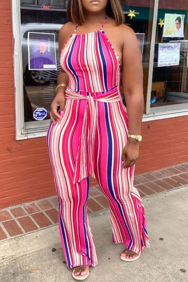

lovely Stylish Striped Rose Red One-piece Jumpsuit