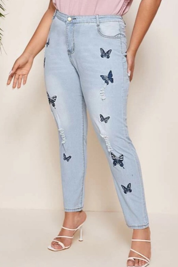 

lovely Stylish Butterfly Blue Plus Size Jeans