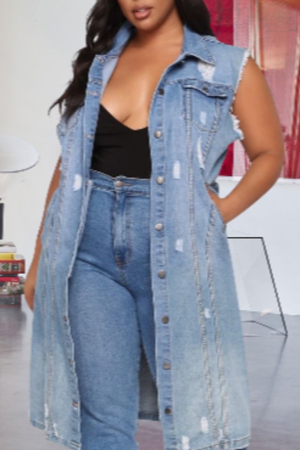 

Lovely Trendy Buttons Design Blue Denim Coat
