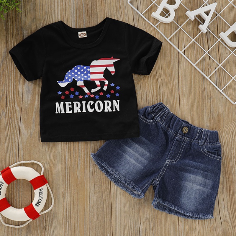 

lovely Independence Day Casual O Neck Print Black Boy Two-piece Shorts Set