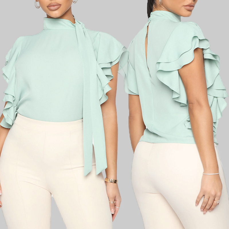 

Lovely Sweet Turtleneck Flounce Design Green Blouse