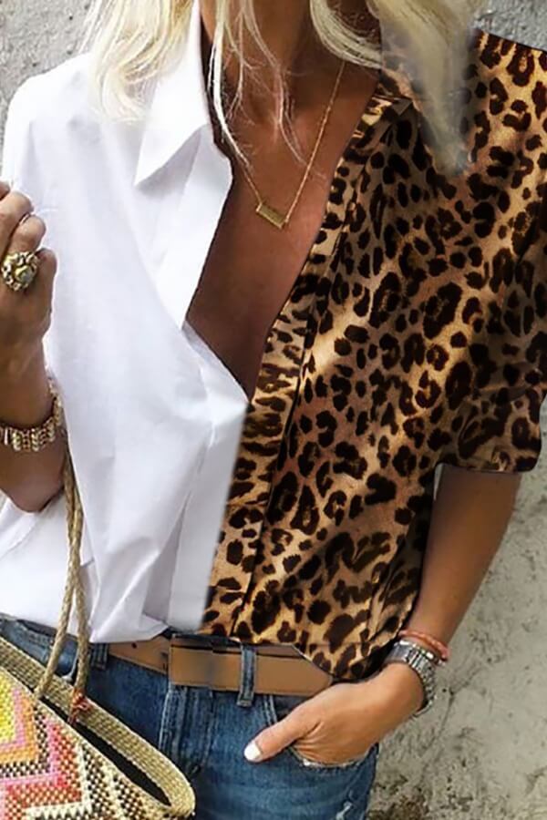 

Lovely Trendy Turndown Collar Patchwork White Blouse