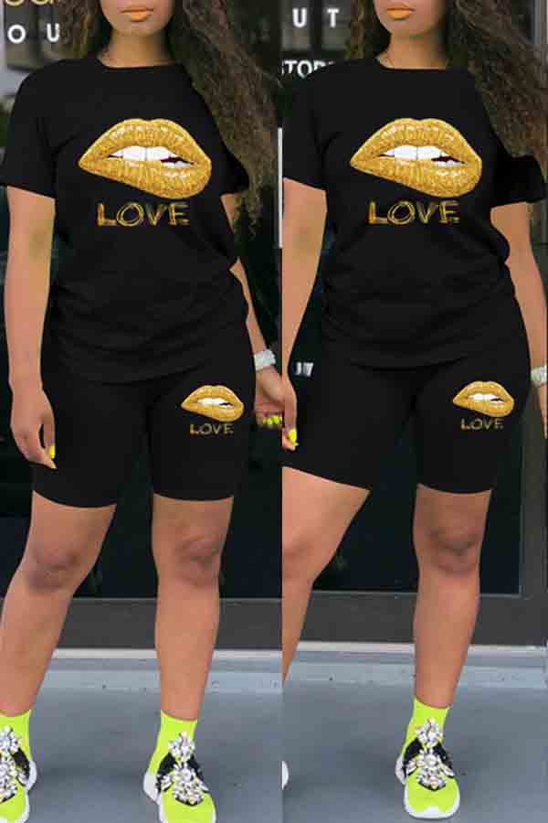

lovely Casual O Neck Lip Print Black Two-piece Shorts Set