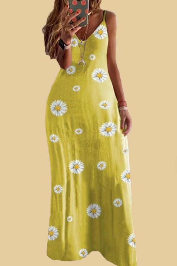 

lovely Bohemian V Neck Floral Print Yellow Maxi Plus Size Dress