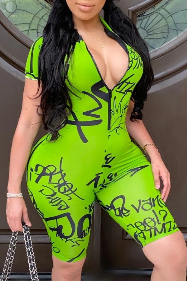 

lovely Trendy Letter Print Green Plus Size One-piece Romper