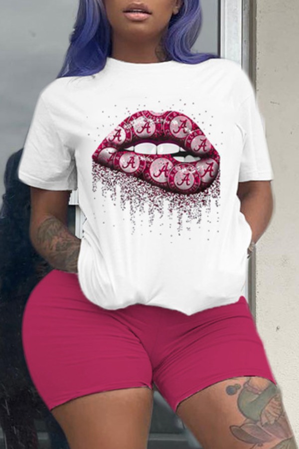 

Lovely Casual Lip Print Rose Red Plus Size Two-piece Shorts Set