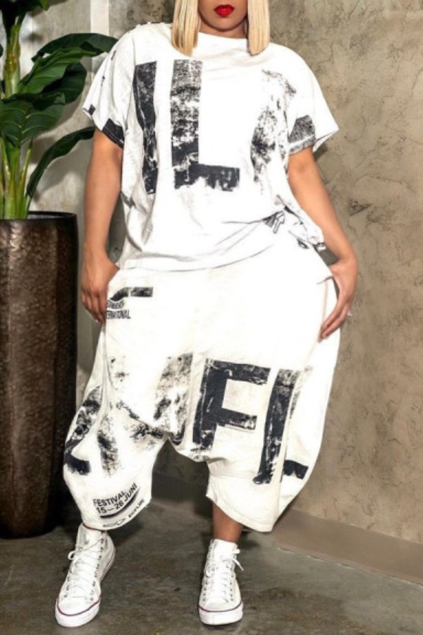 

lovely Street Letter Print White Plus Size Two-piece Pants Set