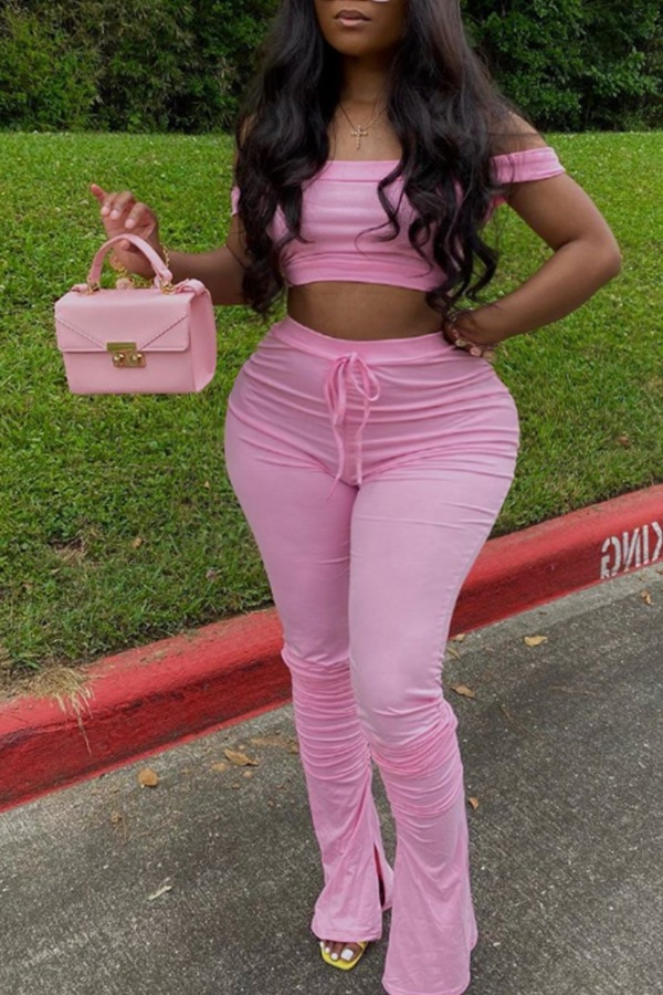 

Lovely Casual Dew Shoulder Pink Plus Size Two-piece Pants Set