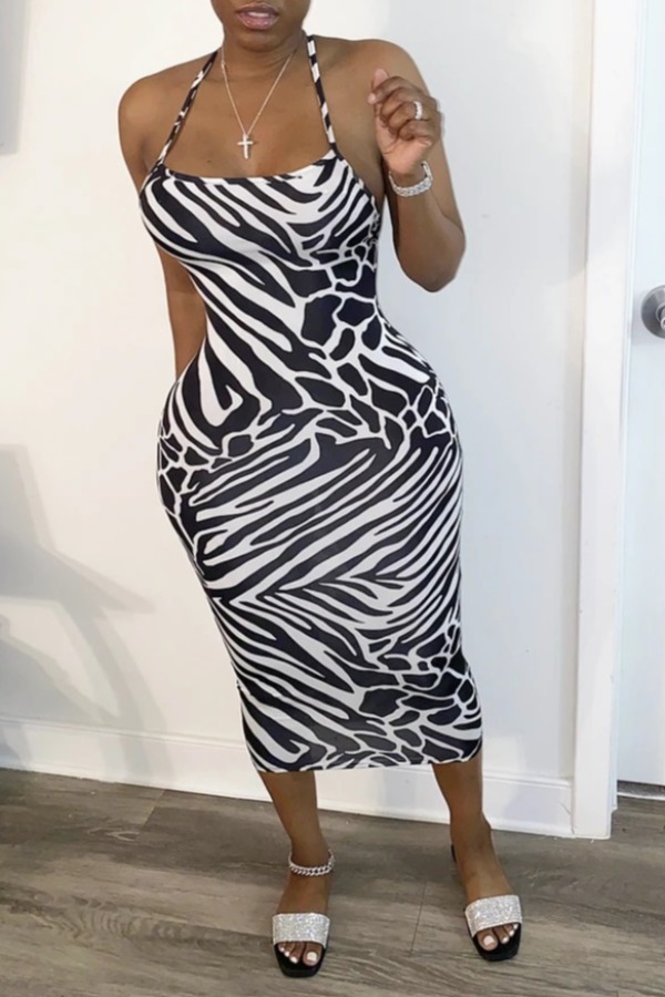 

lovely Sexy Print Black And White Mid Calf Dress
