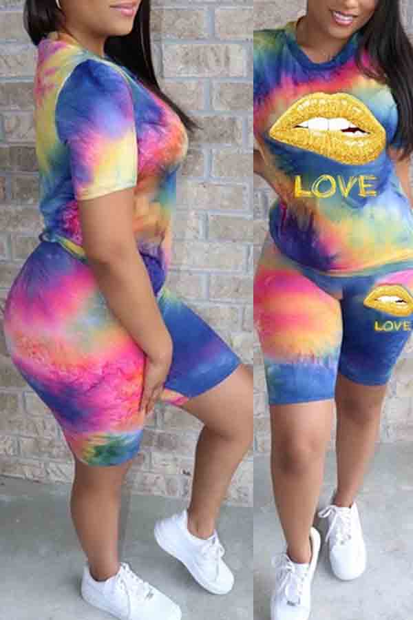 

lovely Street O Neck Lip Print Pink Two-piece Shorts Set
