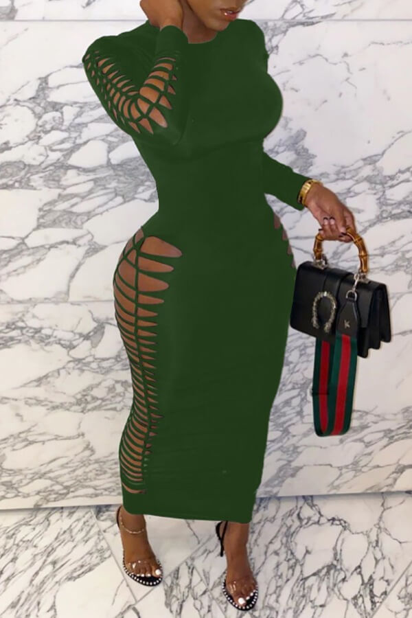 

Lovely Sexy Hollow-out Army Green Ankle Length Dress