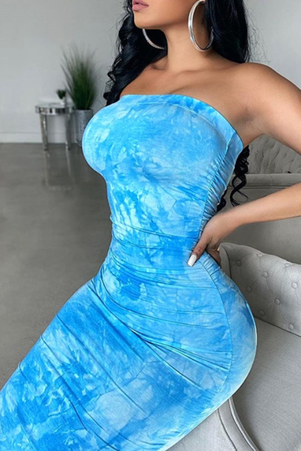

lovely Trendy Dew Shoulder Tie-dye Baby Blue Ankle Length Dress