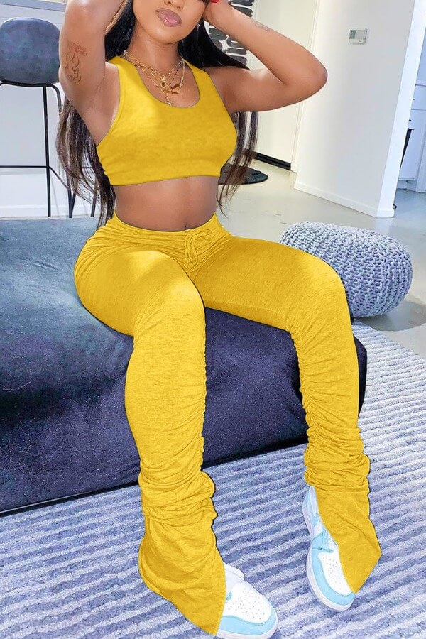 

LW Crop Top Stacked Pants Set, Yellow