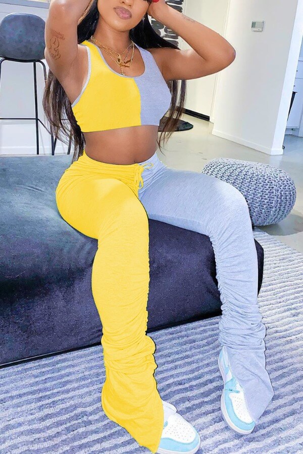 

lovely Sportswear U Neck Patchwork Yellow Two-piece Pants Set