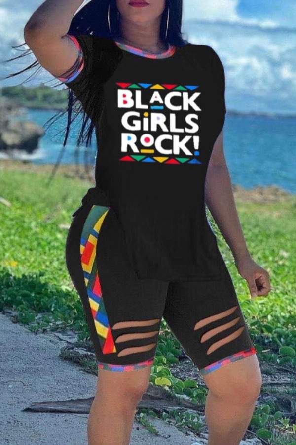 

lovely Street O Neck Letter Print Black Two-piece Shorts Set