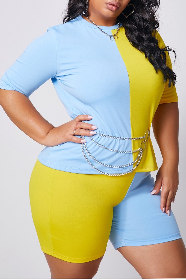

lovely Casual O Neck Patchwork Yellow Plus Size Two-piece Shorts Set