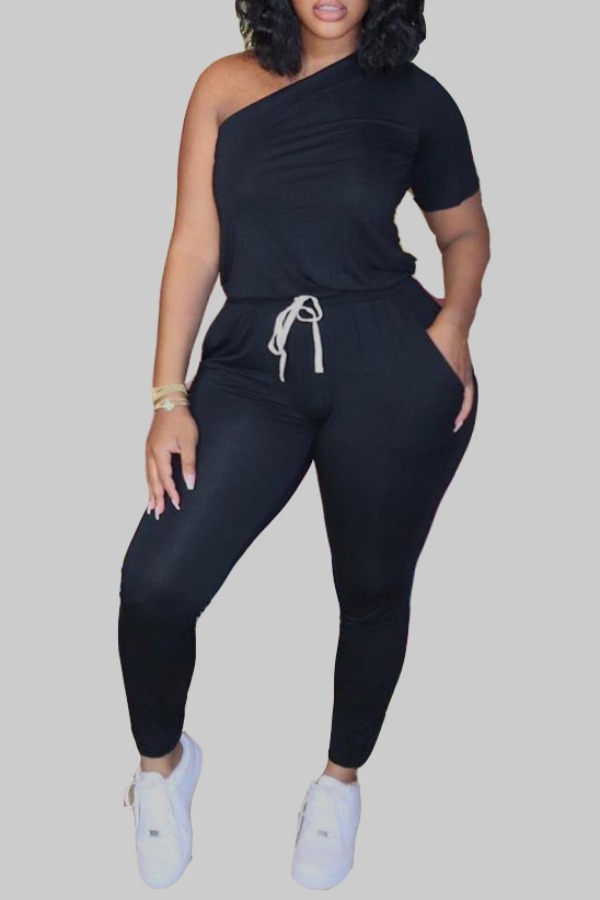 

lovely Casual One Shoulder Lace-up Black Plus Size One-piece Jumpsuit